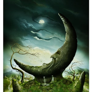 Art Print - Moon Standing Stone in Celtic Landscape A3 (11.7x16.5) print by John Emanuel Shannon