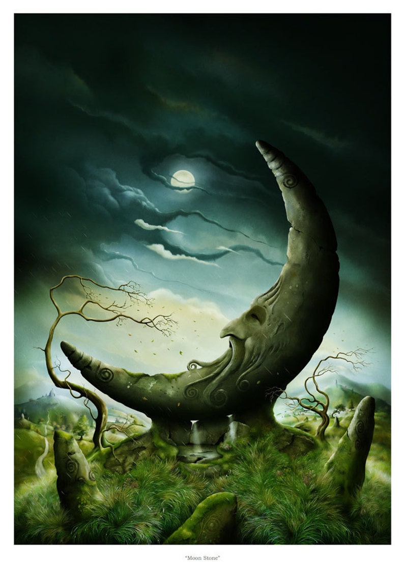 Art Print Moon Standing Stone in Celtic Landscape A3 11.7x16.5 print by John Emanuel Shannon image 1