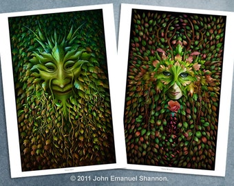 Art Print Set - Green Man & Green Woman A3 (11.7x16.5) prints by John Emanuel Shannon