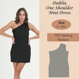 May include: A black one-shoulder mini dress. The dress is sleeveless and has a fitted silhouette. The image also includes a pattern for the dress, with the text "Dahlia One Shoulder Mini Dress" and "Size S-XXL".