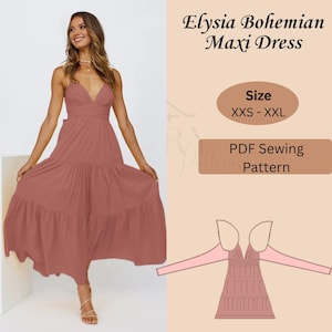 May include: A dusty rose maxi dress with a V-neckline and spaghetti straps. The dress features a tiered skirt and a bow detail at the back. Text on the image reads "Elysia Bohemian Maxi Dress", "Size XXS - XXL", and "PDF Sewing Pattern".