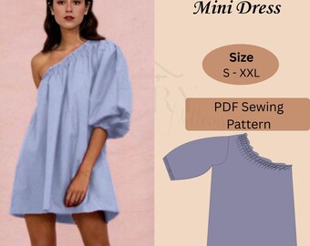 Puff Sleeve Mini Dress Sewing Pattern | One Shoulder Mini Dress | A Line Loose Fit | Beginner-Friendly | S–XXL | Plus Size Dress