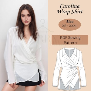 Puede incluir: Una camisa envolvente blanca con mangas largas y cuello en V. La camisa está diseñada con un diseño envolvente y se combina con una falda negra. La imagen también incluye un diagrama de la camisa y el texto "Carolina Wrap Shirt", "Size XS - XXXL" y "PDF Sewing Pattern."