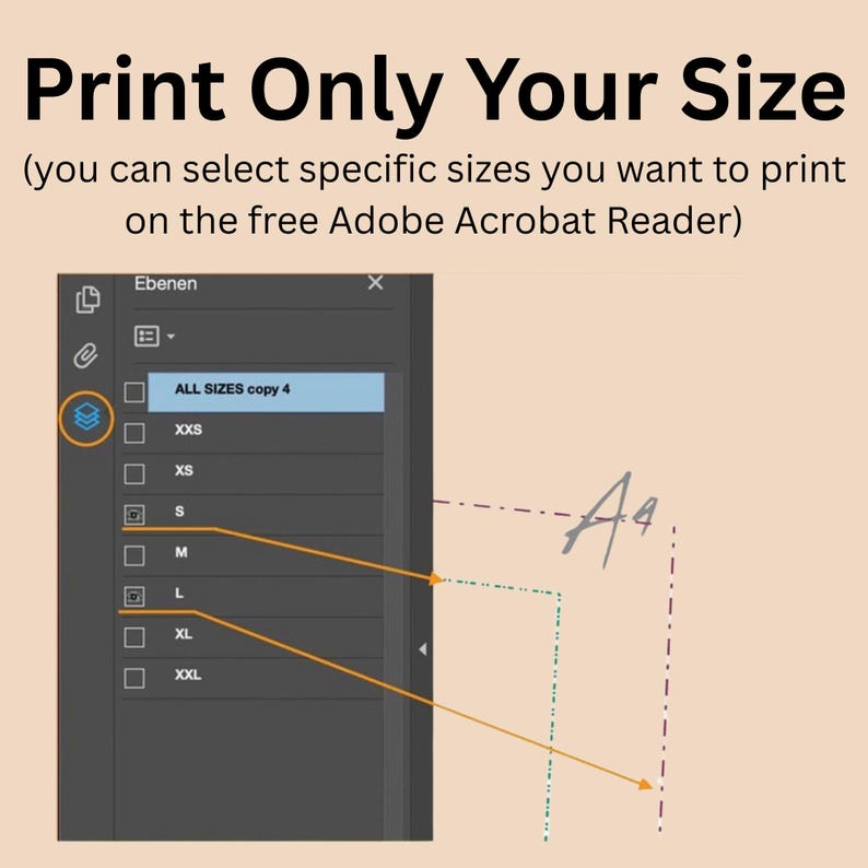 Pu&ograve; includere: Schermata dell'interfaccia di Adobe Acrobat Reader, che mostra le opzioni di dimensione di stampa. Il testo recita "Stampa solo la tua taglia" e le istruzioni per selezionare le taglie. L'interfaccia evidenzia le opzioni di taglia come S, M, L, XL e XXL.