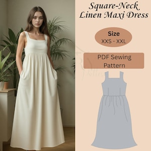 Square Neck Linen Maxi Dress Pattern | Gathered Waist Maxi | Summer Dress Pattern | Sleeveless Maxi Dress | Easy Maxi Sewing Patterns