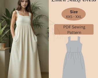Square Neck Linen Maxi Dress Pattern | Gathered Waist Maxi | Summer Dress Pattern | Sleeveless Maxi Dress | Easy Maxi Sewing Patterns