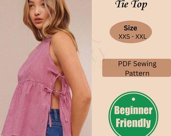 Side Tie Top Sewing Pattern | Linen Tank Top Sewing Pattern | Blouse Sewing Pattern | Crop Top Pattern | Easy Beginner Pattern, , XXS–XXL