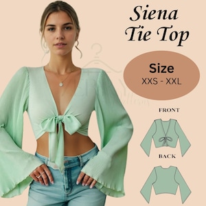 May include: A light green "Siena Tie Top" with long, pleated sleeves and a tie closure at the waist. The top is paired with blue jeans. The image also includes a size chart and front and back view diagrams.