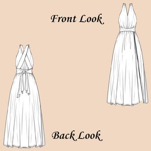 Pu&ograve; includere: Disegno a tratto di un lungo abito bianco con scollatura all'americana e gonna fluida. L'immagine mostra le viste anteriore e posteriore dell'abito, con le parole "Front Look" e "Back Look" in corsivo.