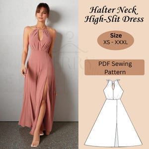 May include: A dusty rose halter neck high-slit dress. The dress features a keyhole neckline and a high slit on the front. The image also includes text that reads "Halter Neck High-Slit Dress", "Size XS-XXXL", and "PDF Sewing Pattern".