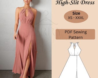 Modello di abito con scollo all'americana e schiena scoperta, abito lungo in lino con lacci sulla schiena, modelli di abito da sposa con spacco alto, abito da sposa, taglie dalla XS alla XXXL