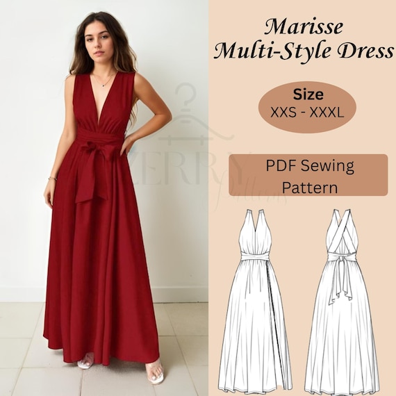 Marisse: Multi Style Tie Dress Sewing Pattern | Wedding Guest Dress | Goddess Dress | Formal Gown | Women Dress Pattern | XXS-XXXL Sizes PDF