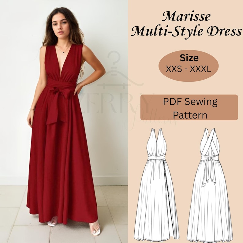 Pu&ograve; includere: Un abito bordeaux senza maniche, lungo fino al pavimento, con scollo a V profondo e cintura in vita abbinata. L'abito &egrave; indossato da una persona. L'immagine include anche un modello di cucito con il testo "Marisse Multi-Style Dress" e informazioni sulle taglie.