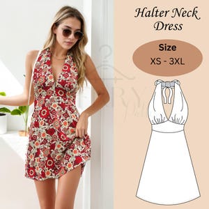 Halter Neck Dress Sewing Pattern PDF | V Neck Flared Mini Dress Pattern | Summer Dress Sewing Pattern for Women | Instant Download XS–XXXL