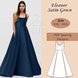 Op de afbeelding: Een marineblauwe satijnen jurk met een vierkante halslijn en een zwierige rok. De afbeelding bevat de tekst "Eleanor Satin Gown" en "Size XXS - XXXL". Er wordt ook een PDF-naaipatroon getoond.