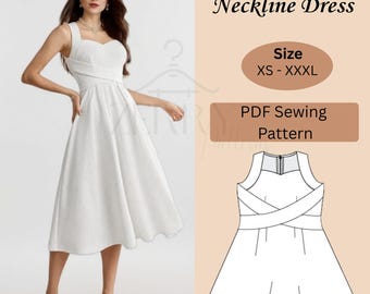 May include: A white sweetheart neckline dress with a midi length and a fitted bodice. The dress features a criss-cross design at the waist and a square neckline. The image also includes a PDF sewing pattern and text that reads "Sweetheart Neckline Dress" and "Size XS - XXXL".