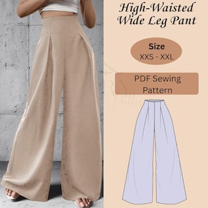 May include: High-waisted wide-leg pants in a neutral beige color. The pants have a high waist and wide legs, with pleats at the front. The image also includes a PDF sewing pattern for the pants, with size options from XXS to XXL.