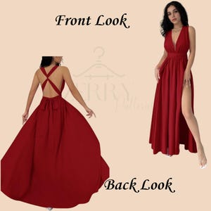 Pu&ograve; includere: Un abito da sera rosso scuro con scollatura profonda e spacco alto. L'abito presenta un design a schiena incrociata e una gonna fluida. Le parole "Front Look" e "Back Look" sono visualizzate in corsivo nero.