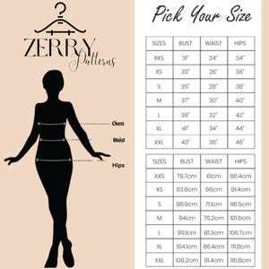 Pu&ograve; includere: Una tabella delle taglie di abbigliamento con una silhouette che indica le misure di petto, vita e fianchi. Le taglie vanno dalla XXS alla XXL, con misure in pollici e centimetri. Il marchio "ZERRY Patterns" &egrave; visualizzato in alto.