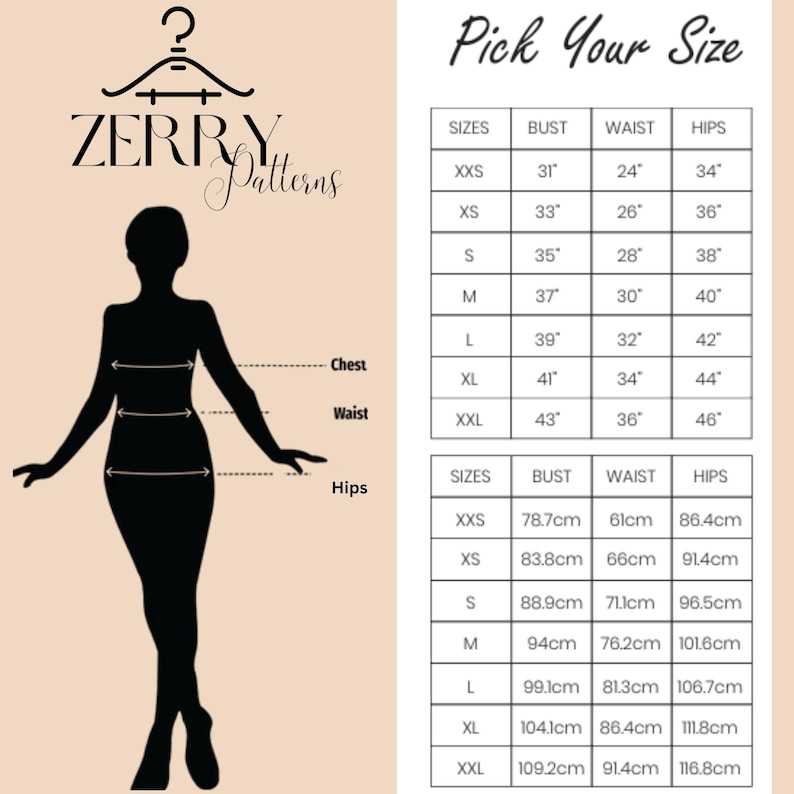 Pu&ograve; includere: Una tabella delle taglie di abbigliamento con una silhouette che indica le misure di petto, vita e fianchi. Le taglie vanno dalla XXS alla XXL, con misure in pollici e centimetri. Il marchio "ZERRY Patterns" &egrave; visualizzato in alto.