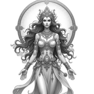 Clipart PNG Majestueuse Divinité Féminine, Illustration Noir & Blanc, Sublimation, Résolution : 529 DPI (Fond Transparent), Art ésotérique