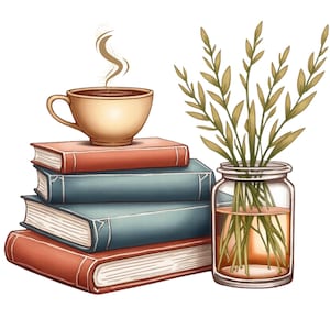 Peut inclure: Illustration d'une pile de livres, d'une tasse de café et d'un bocal en verre avec de la verdure. Les livres sont rouges et bleus, la tasse à café est beige et le bocal est transparent.