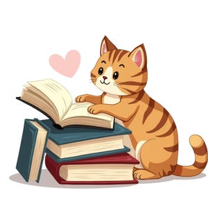 Op de afbeelding: Een cartoon illustratie van een schattige oranje tijgerkat die naast een stapel boeken zit. De kat leest een boek en een roze hart zweeft boven zijn hoofd. De boeken zijn blauw en rood.