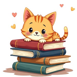 Op de afbeelding: Een cartoon illustratie van een schattige oranje tijgerkat met zwarte ogen, rustend op een stapel van vier kleurrijke boeken. De boeken zijn rood, blauw, bruin en groen. Roze en gele harten zweven op de achtergrond.