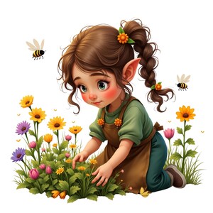 Clipart PNG Petite Fille Gnome Jardinière, gnome mignon floral, printemps, fleurs, 547 DPI (Fond Transparent), Usage Personnel & Commercial