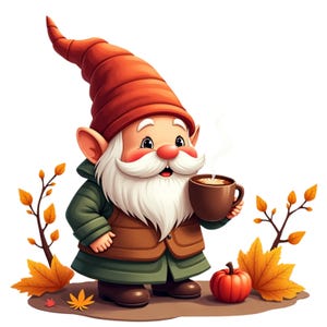 Clipart PNG Gnome d'Automne mignon avec sa boisson chaude, Citrouille, Résolution 547 DPI (Fond Transparent), Usage Personnel & Commercial