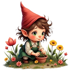 Clipart PNG Gnome Jardinier mignon, nain de jardin floral de printemps, fleurs, PNG 547 DPI (Fond Transparent), Usage Personnel & Commercial