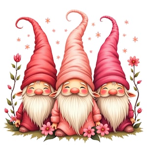 Clipart PNG Gnomes roses mignons, nains de jardin floral de printemps, fleurs, PNG 547 DPI (Fond Transparent), Usage Personnel et Commercial