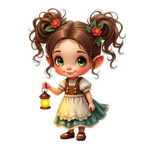 Clipart PNG Petite Fille Gnome mignonne avec sa lanterne, PNG avec Résolution de 547 DPI (Fond Transparent), Usage Personnel et Commercial