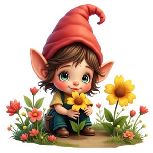 Clipart PNG Gnome Jardinier mignon, nain de jardin floral de printemps, fleurs, PNG 547 DPI (Fond Transparent), Usage Personnel & Commercial