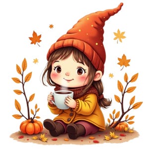 Clipart PNG Petite Fille Gnome d'Automne mignonne avec boisson chaude, Résolution 547 DPI (Fond Transparent), Usage Personnel & Commercial