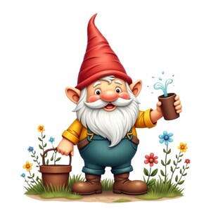 Clipart PNG Gnome Jardinier mignon, nain de jardin floral de printemps, fleurs, PNG 547 DPI (Fond Transparent), Usage Personnel & Commercial