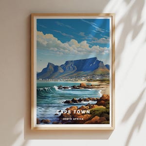 Cape Town Travel Poster, South Africa Wall Art Print, Table Mountain Landscape, Coastal Decor, Africa Cityscape Poster