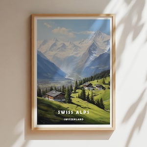 Swiss Alps Travel Poster, Switzerland Wall Art Print, Alpine Mountain Scene, Chalet Landscape Decor, Europe Nature Artwork