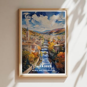 Sarajevo Travel Poster, Bosnia Wall Art Print, Vintage Cityscape Decor, Historic Sarajevo Illustration, European Travel Gift