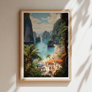 Poster de voyage de Krabi - Impression d'art murale de plage pittoresque de Thaïlande, falaises calcaires et vue sur l'océan, cadeau de décoration côtière tropicale, carte de la Thaïlande