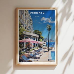 Sorrento Reise Poster - Italienische Riviera Wand Kunst Druck, Küstenhotel und Meerblick, Vintage Italien Dekoration, Mediterran Geschenk, Italien Karte