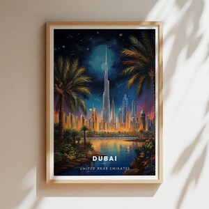 Dubai Travel Poster, Dubai Skyline Wall Art, Burj Khalifa Night Print, UAE Cityscape Decor, Modern Middle East Poster