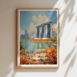 Singapore Travel Poster – Marina Bay Sands Skyline Wall Art Print, Modern Southeast Asia Decor, Cityscape Travel Gift, Singapore Map Print