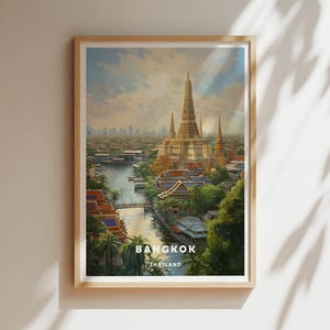 Bangkok Thailand Travel Poster – Wat Arun Temple River View, Digital Wall Art, Southeast Asia Decor, Printable Vintage Style Gift