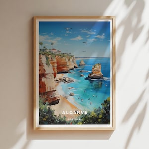 Reisposter Algarve – muurkunstdruk kust Portugal, oceaankliffen en strand, vintage mediterraan decorcadeau, kaart afdruk Algarve