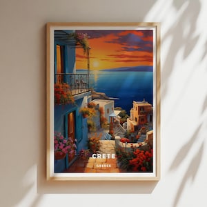 Crete Greece Travel Poster – Greek Island Sunset Wall Art Print, Mediterranean Village Scene, Coastal Europe Decor for Home or Gift