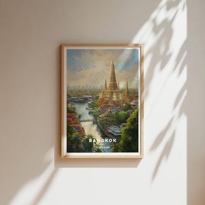 Bangkok Thailand Travel Poster – Temple and River Scene Wall Art Print, Vintage Style Southeast Asia Decor, Wanderlust Home Gift, Thai Print
