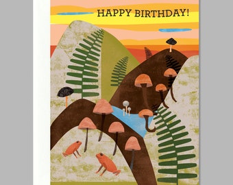 Frog and Mushrooms Birthday Greeting Card