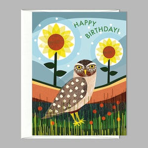 Happy Birthday Owl Sunflowers Garden Greeting Card
