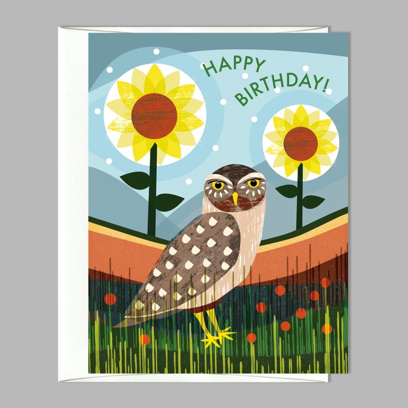 Happy Birthday Owl Sunflowers Garden Greeting Card - Etsy